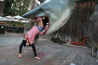 A person in a striped shirt leaning into the mouth of a shark statue.