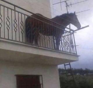Odd object jutting from a balcony.