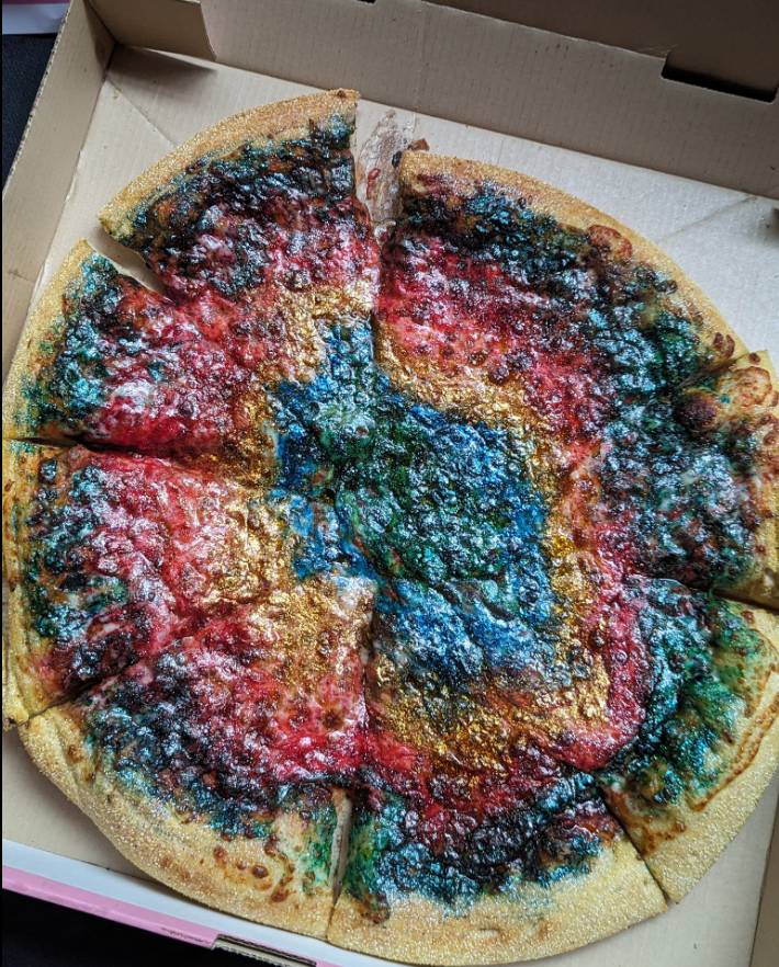 Cursed tie dye Pizza? from Reddit r/cursedimages.