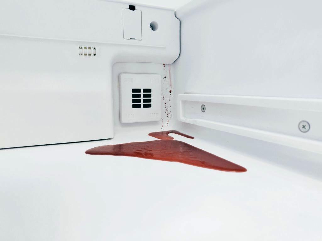 A red beetroot spill pools inside a white refrigerator.