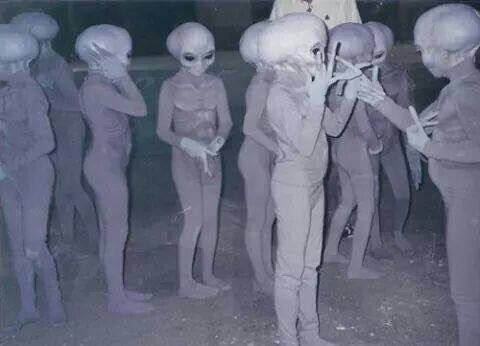 Pale alien figurines stand clustered together indoors.