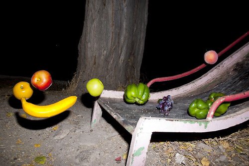 Fruit scattered around a tree in the dark.