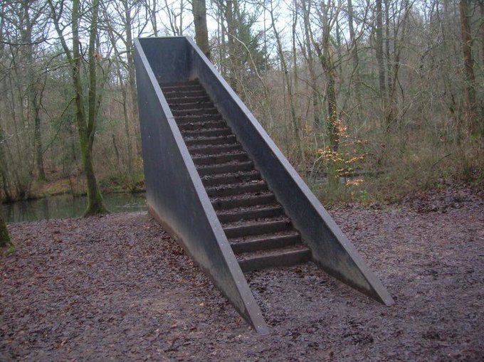 A staircase-like slide stands alone in the woods.