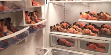 Cursed image of a refrigerator packed with toy figures in swimwear.