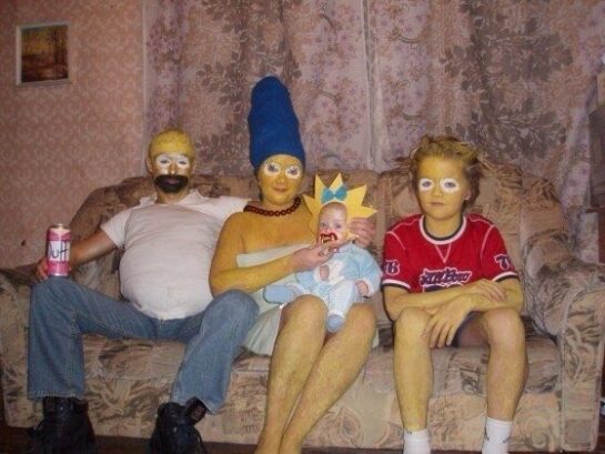 Cursed family photo of The Simpsons in real life.
