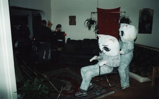 Two people dressed as cats, one pushing the other in a wheelchair.